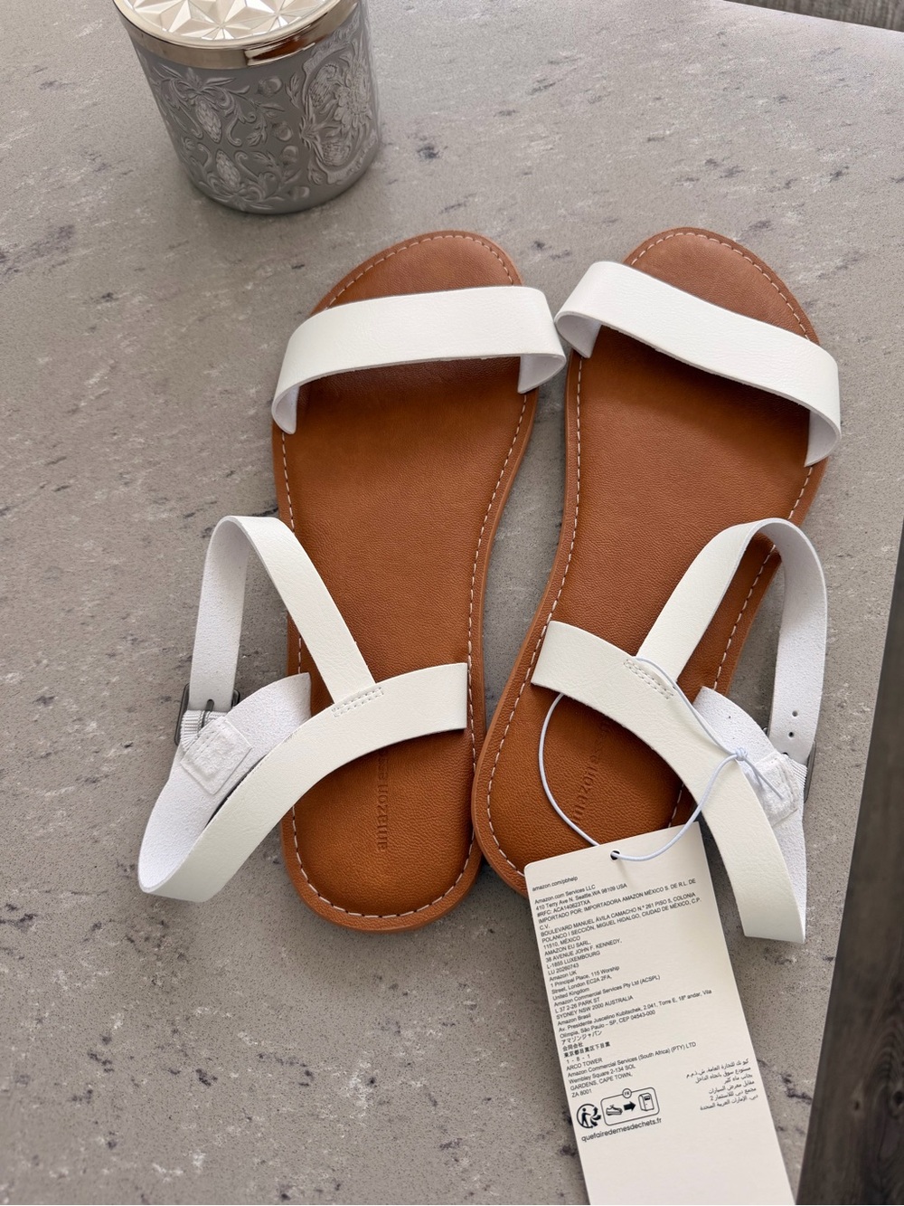 Amazon Essentials White Strap Flat Sandals with Tan Footbed